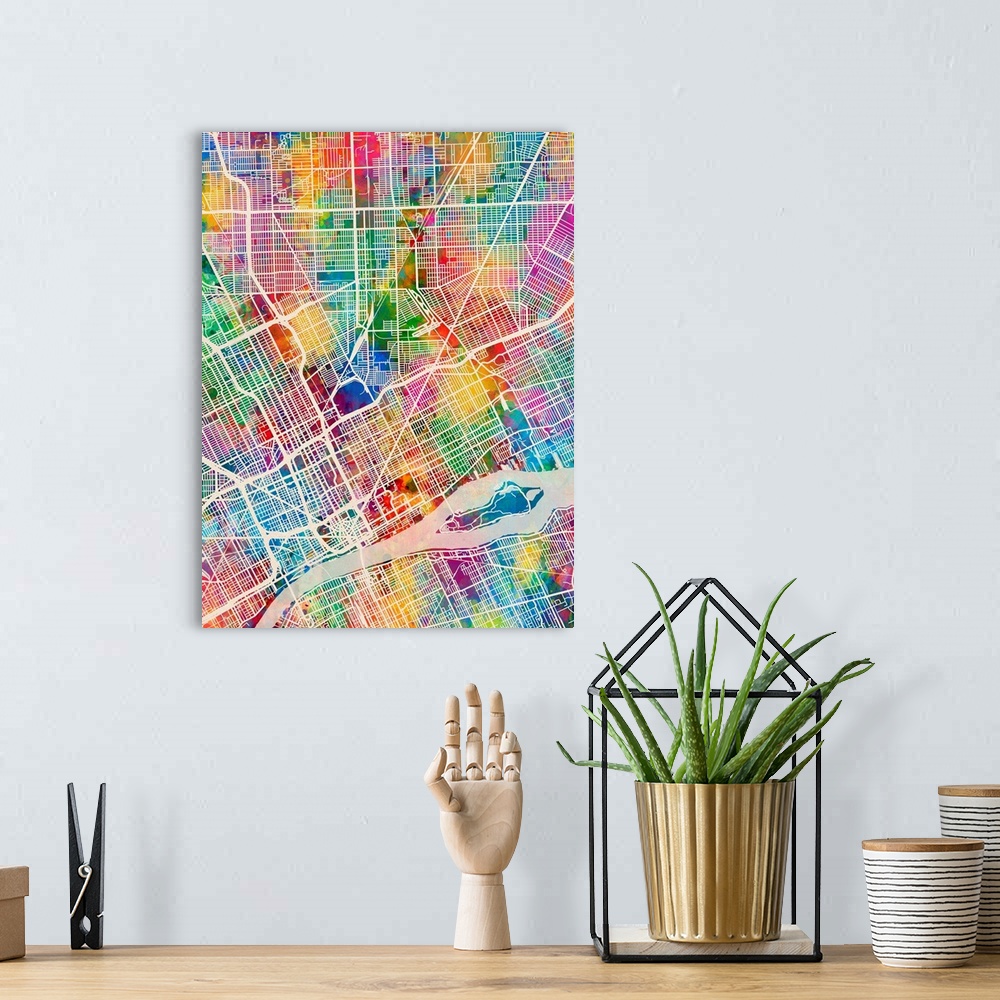 A bohemian room featuring Watercolor street map of Detroit, Michigan, United States.