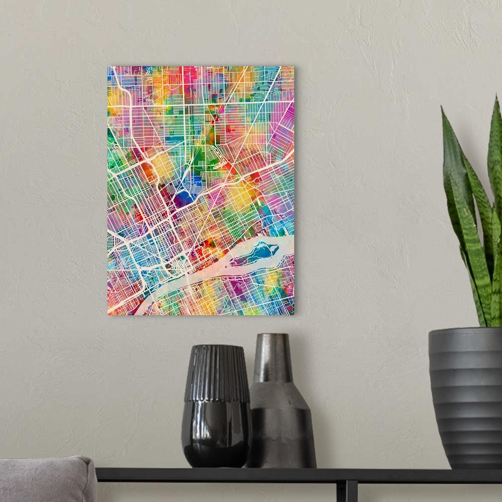 A modern room featuring Watercolor street map of Detroit, Michigan, United States.