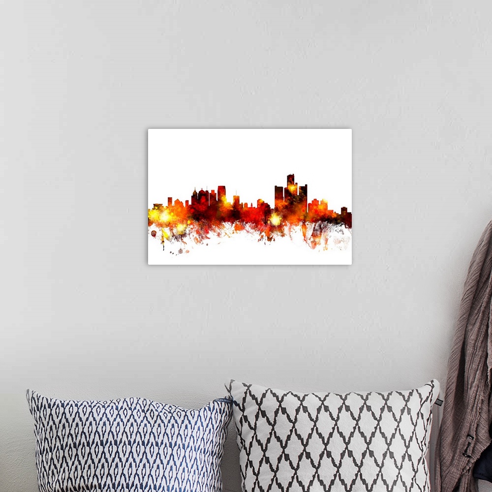 A bohemian room featuring Contemporary piece of artwork of the Detroit skyline made of colorful paint splashes.