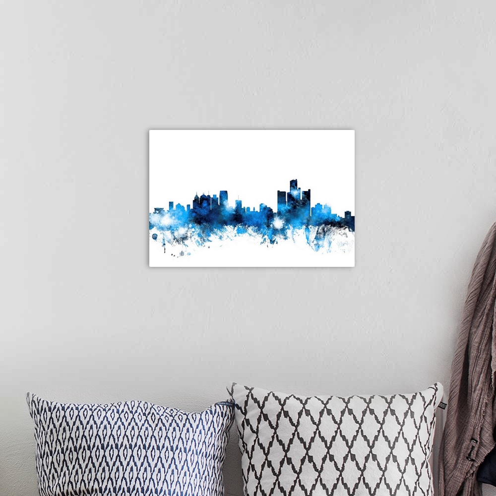 A bohemian room featuring Contemporary piece of artwork of the Detroit skyline made of colorful paint splashes.