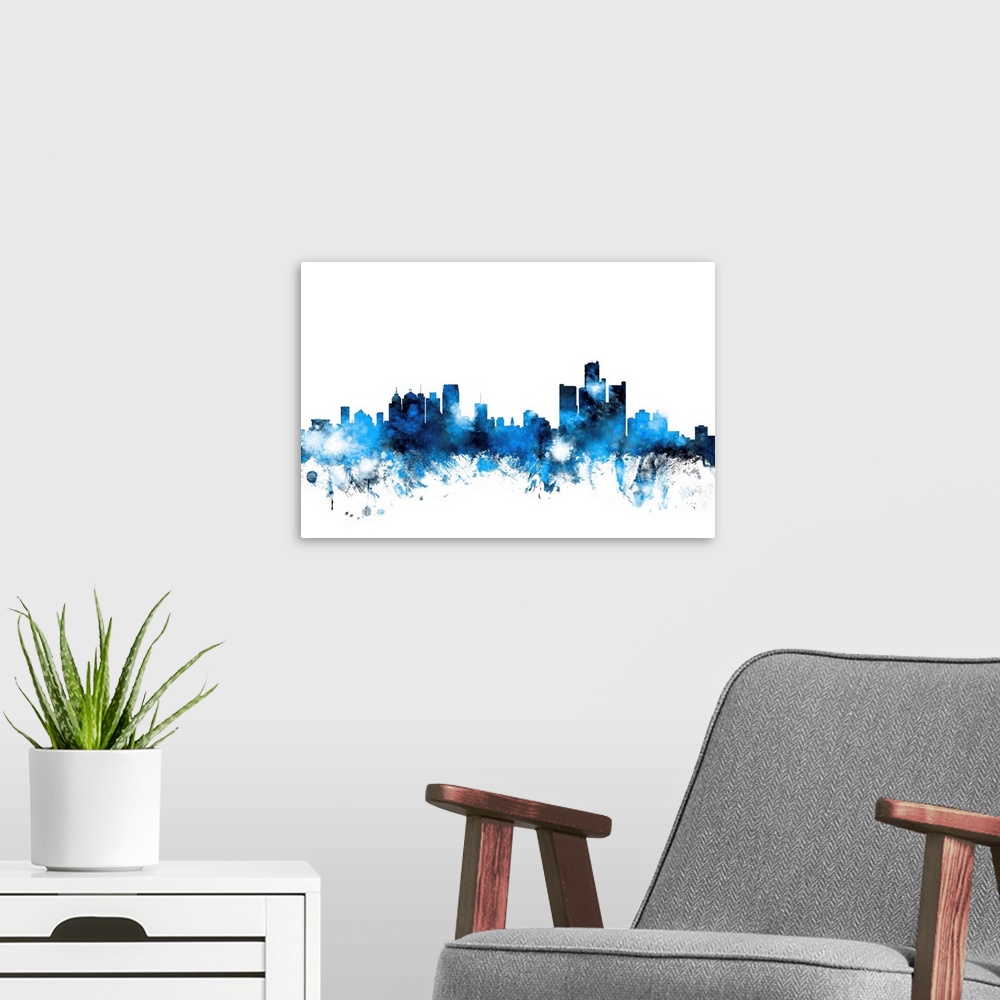 A modern room featuring Contemporary piece of artwork of the Detroit skyline made of colorful paint splashes.