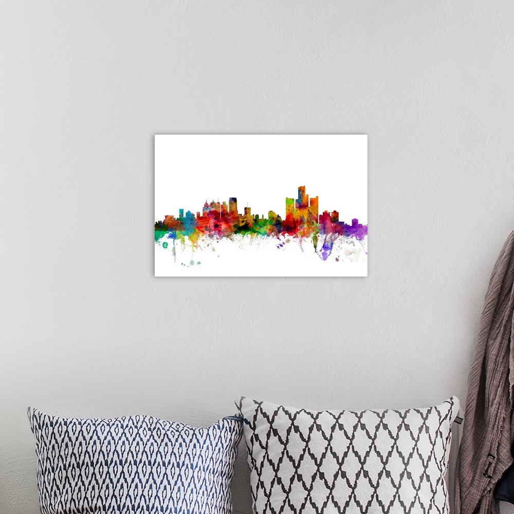 A bohemian room featuring Watercolor artwork of the Detroit skyline against a white background.