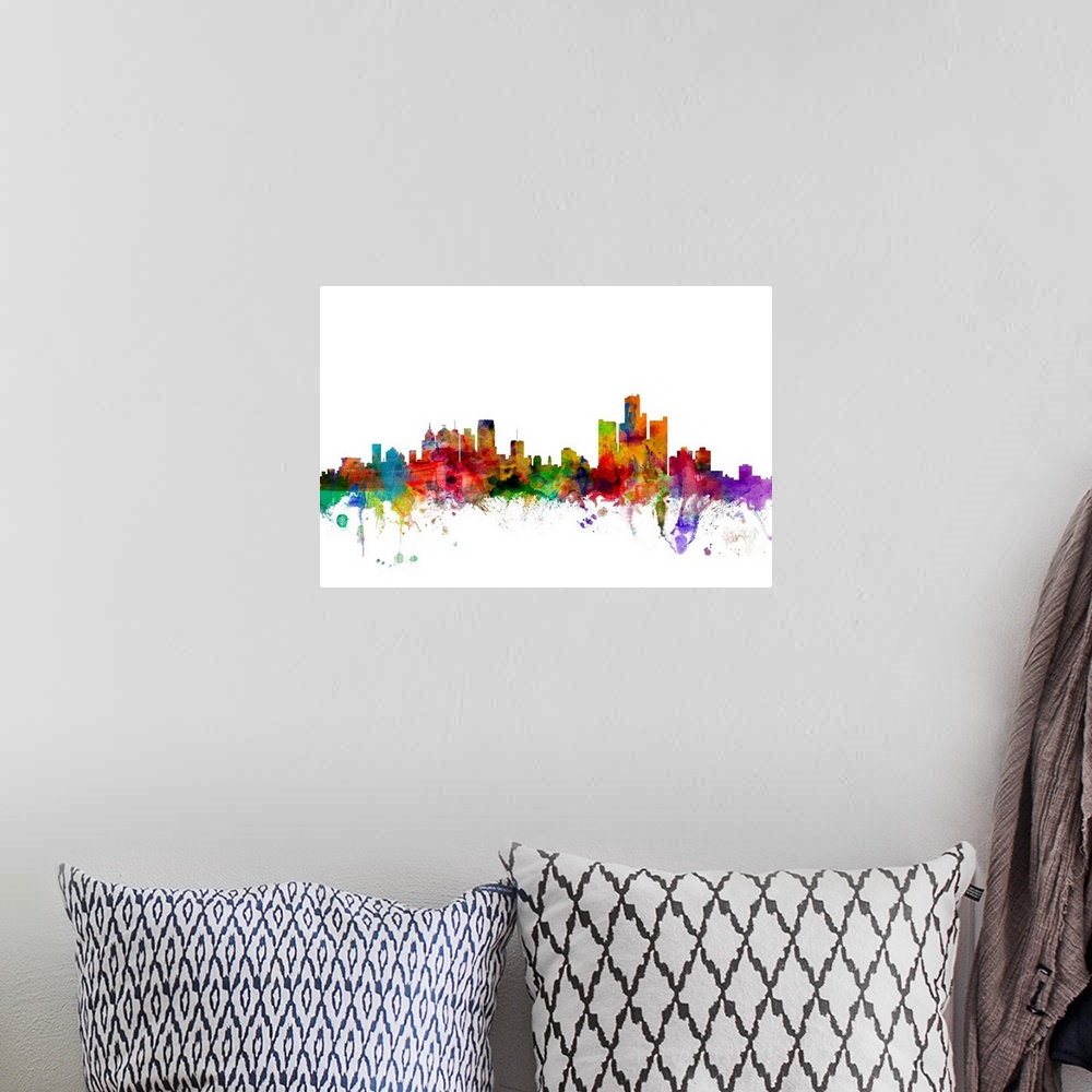 A bohemian room featuring Watercolor artwork of the Detroit skyline against a white background.