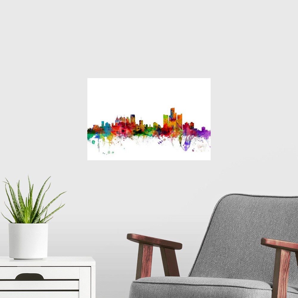A modern room featuring Watercolor artwork of the Detroit skyline against a white background.