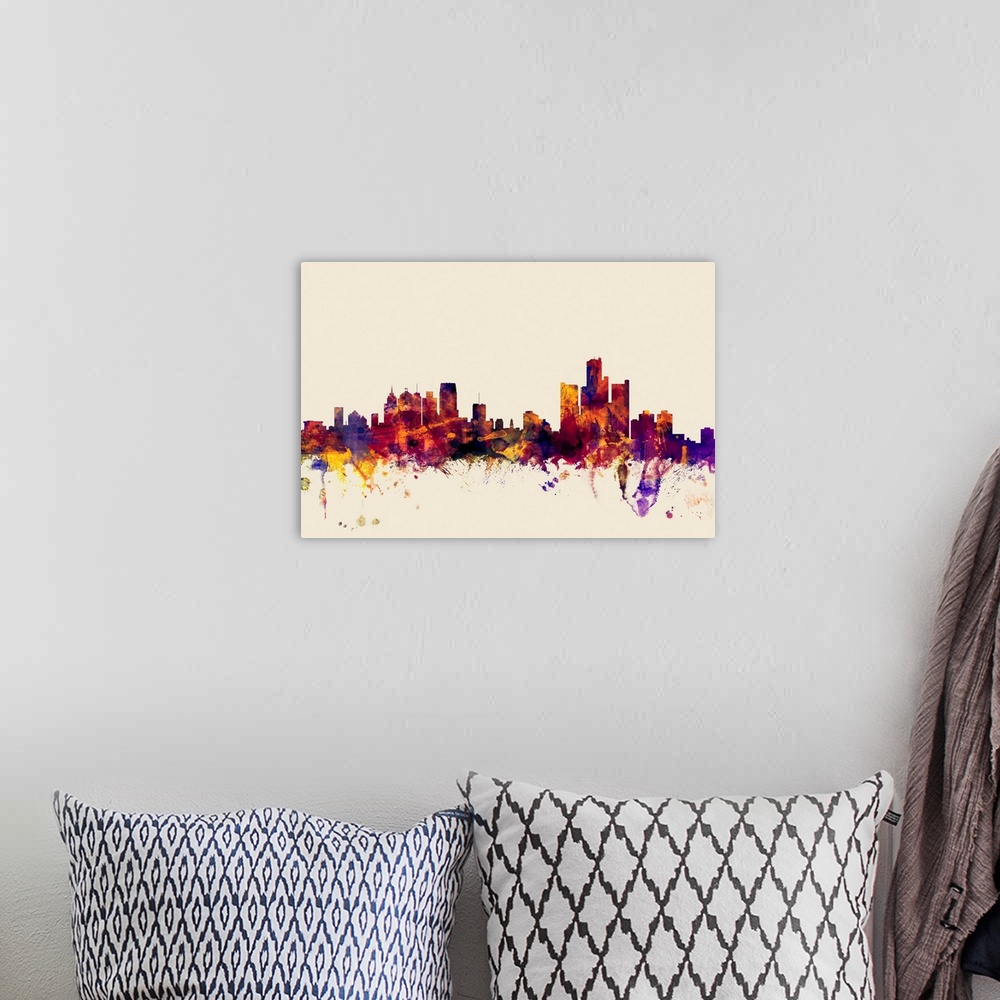 A bohemian room featuring Contemporary artwork of the Detroit city skyline in watercolor paint splashes.