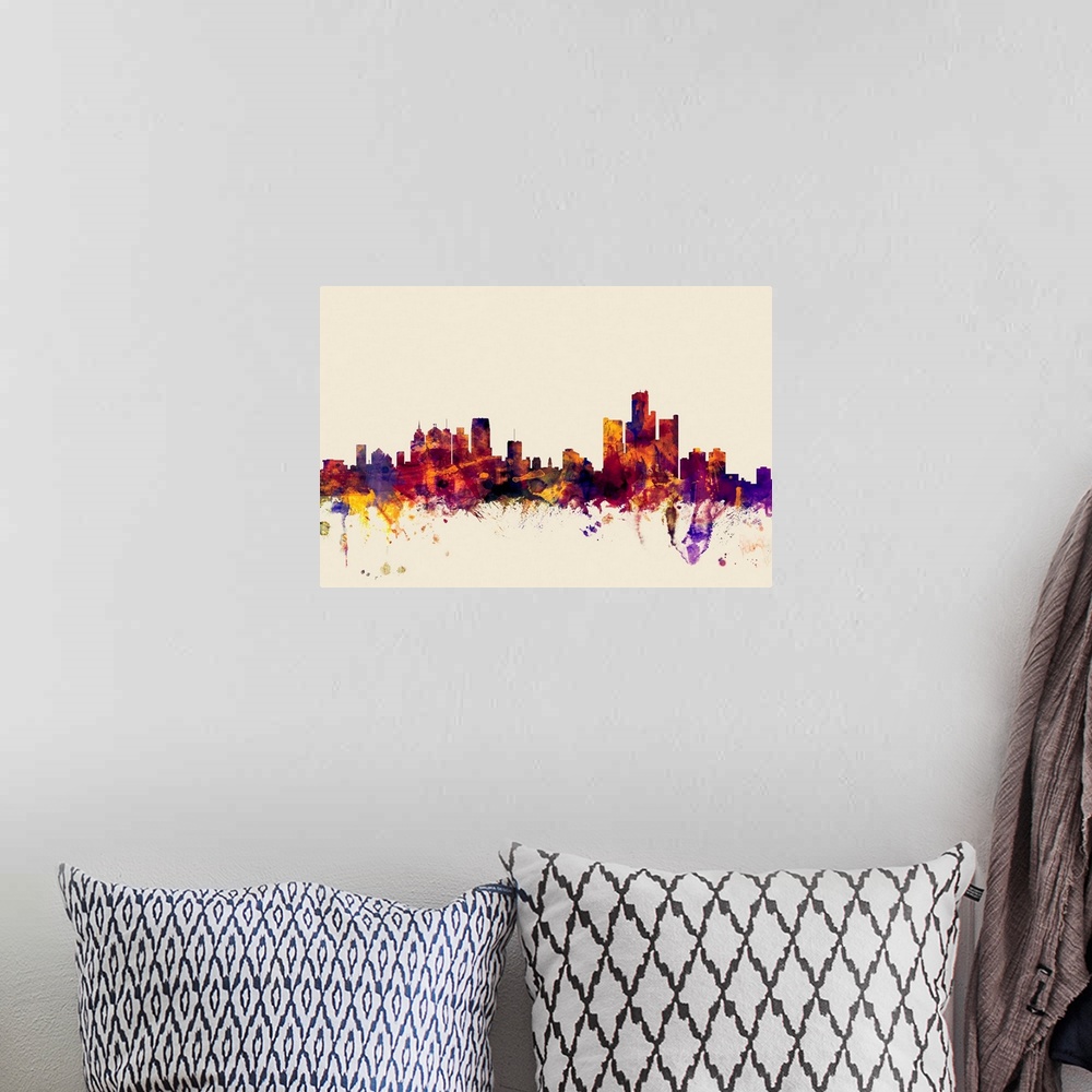 A bohemian room featuring Contemporary artwork of the Detroit city skyline in watercolor paint splashes.