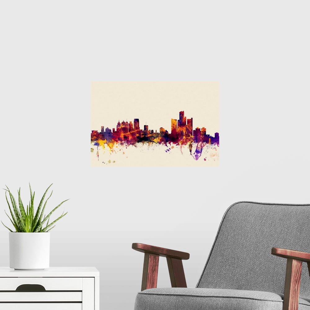 A modern room featuring Contemporary artwork of the Detroit city skyline in watercolor paint splashes.