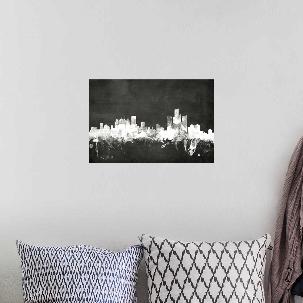 A bohemian room featuring Smokey dark watercolor silhouette of the Detroit city skyline against chalkboard background.