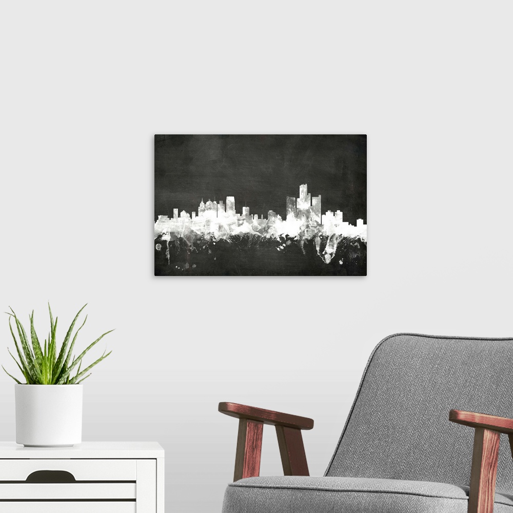 A modern room featuring Smokey dark watercolor silhouette of the Detroit city skyline against chalkboard background.