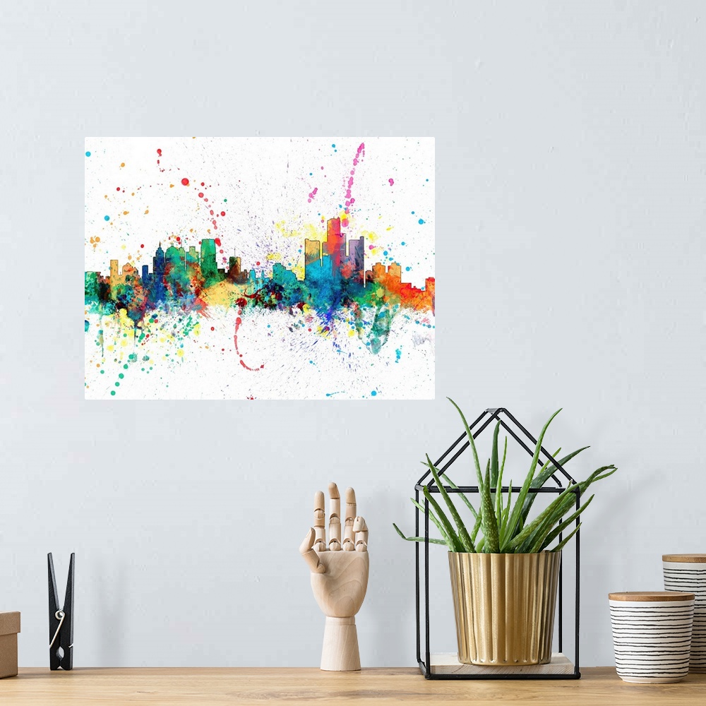A bohemian room featuring Wild and vibrant paint splatter silhouette of the Detroit skyline.