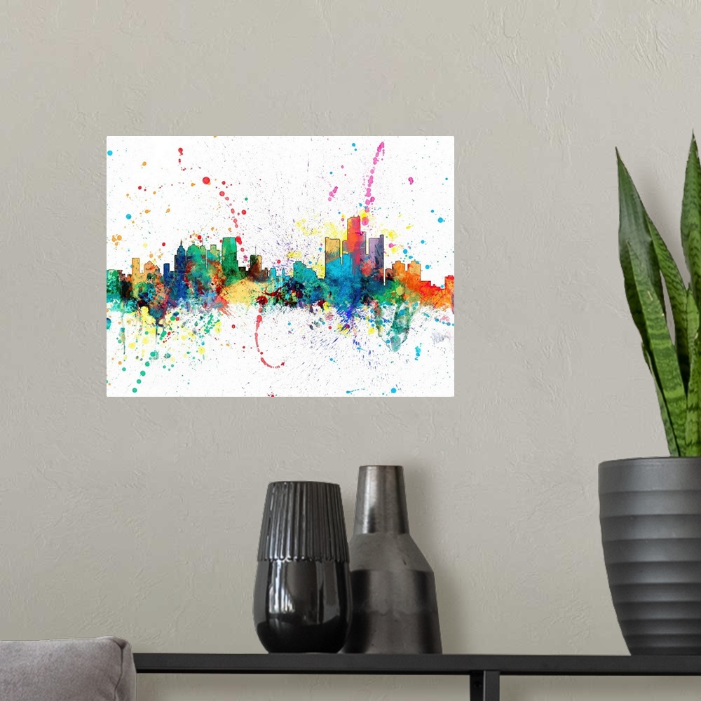 A modern room featuring Wild and vibrant paint splatter silhouette of the Detroit skyline.