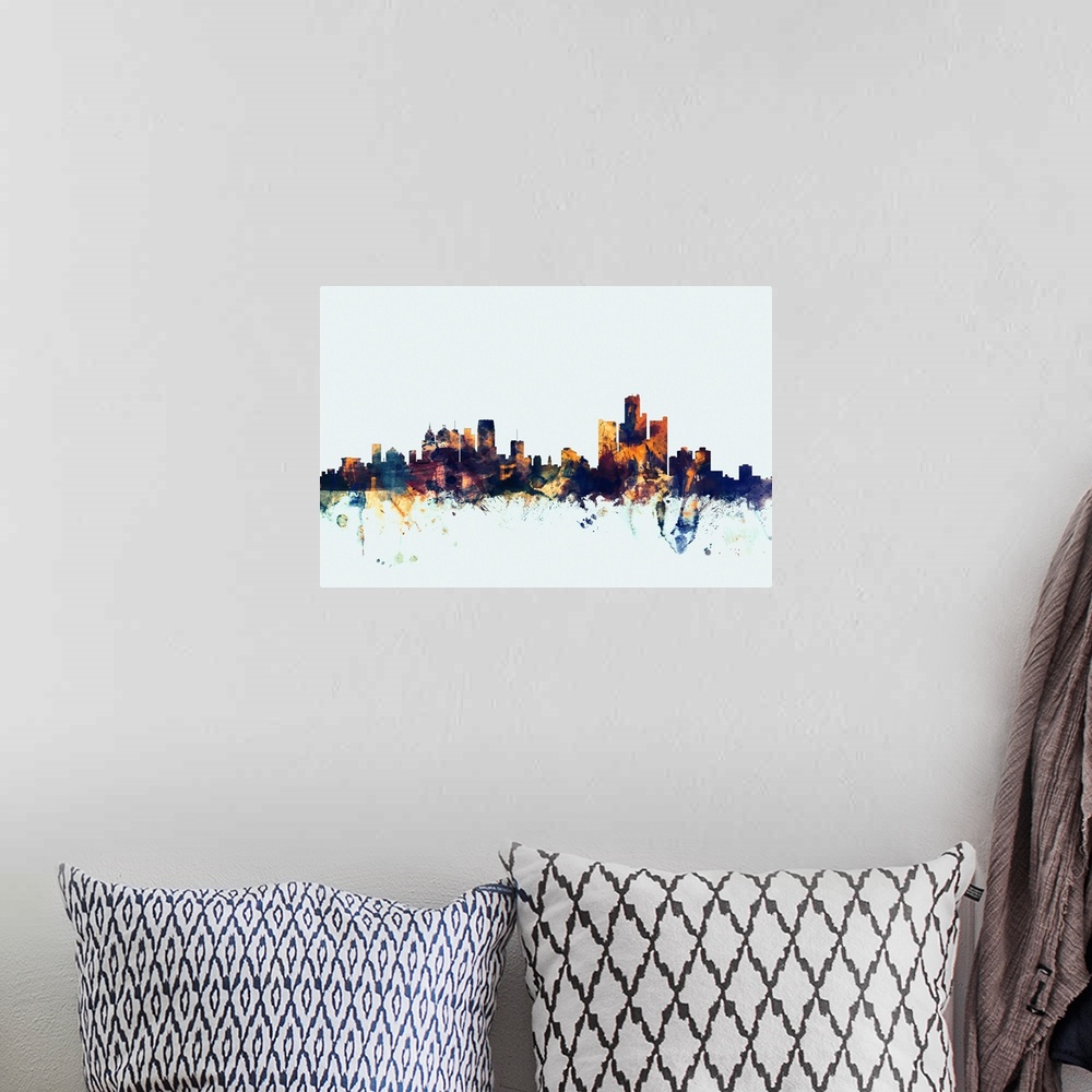 A bohemian room featuring Watercolor art print of the skyline of Detroit, Michigan, United States