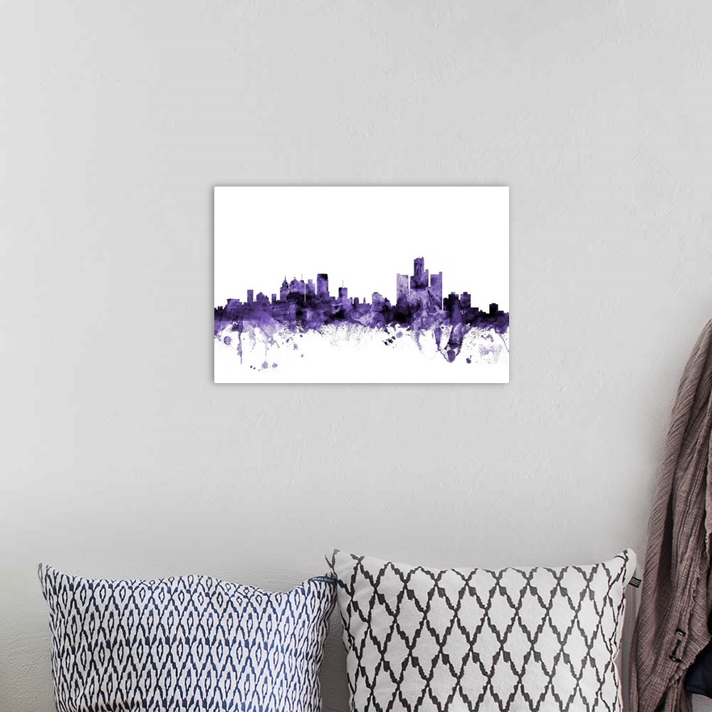 A bohemian room featuring Watercolor art print of the skyline of Detroit, Michigan, United States