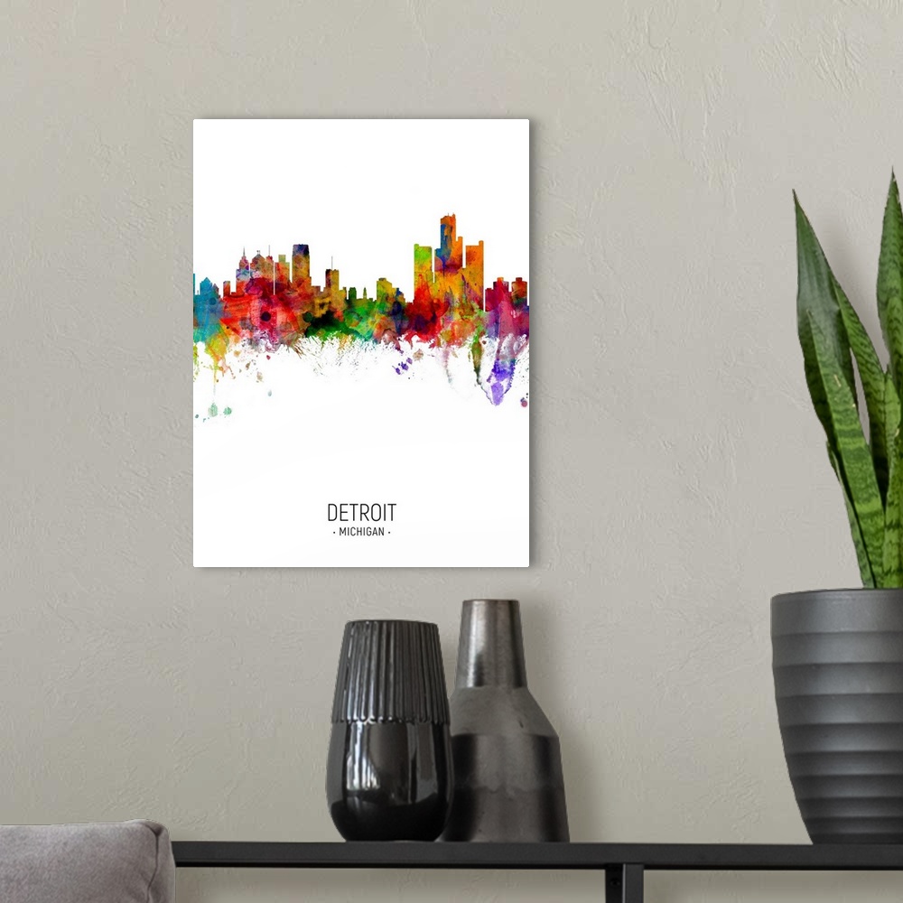 A modern room featuring Watercolor art print of the skyline of Detroit, Michigan, United States