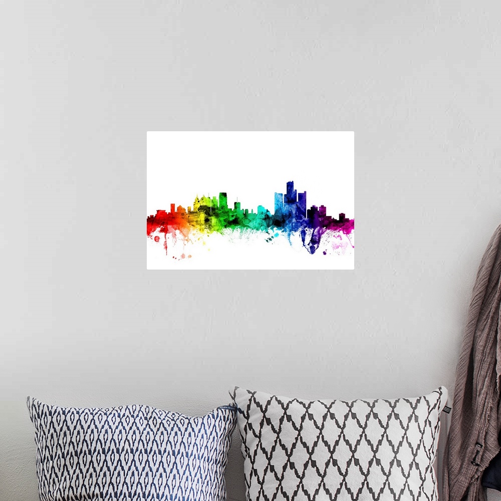 A bohemian room featuring Watercolor art print of the skyline of Detroit, Michigan, United States.