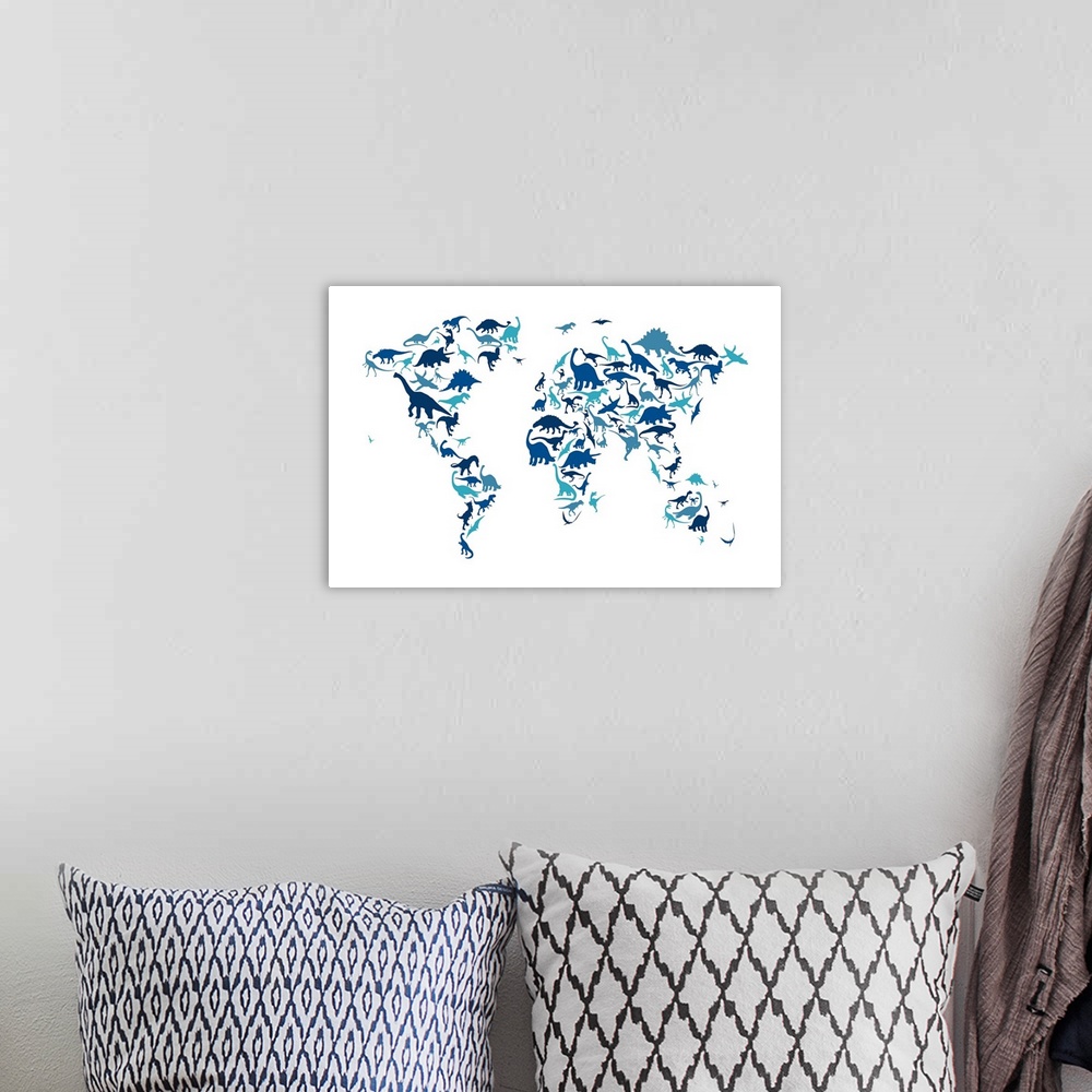 A bohemian room featuring Dinosaur Map of the World, Blue