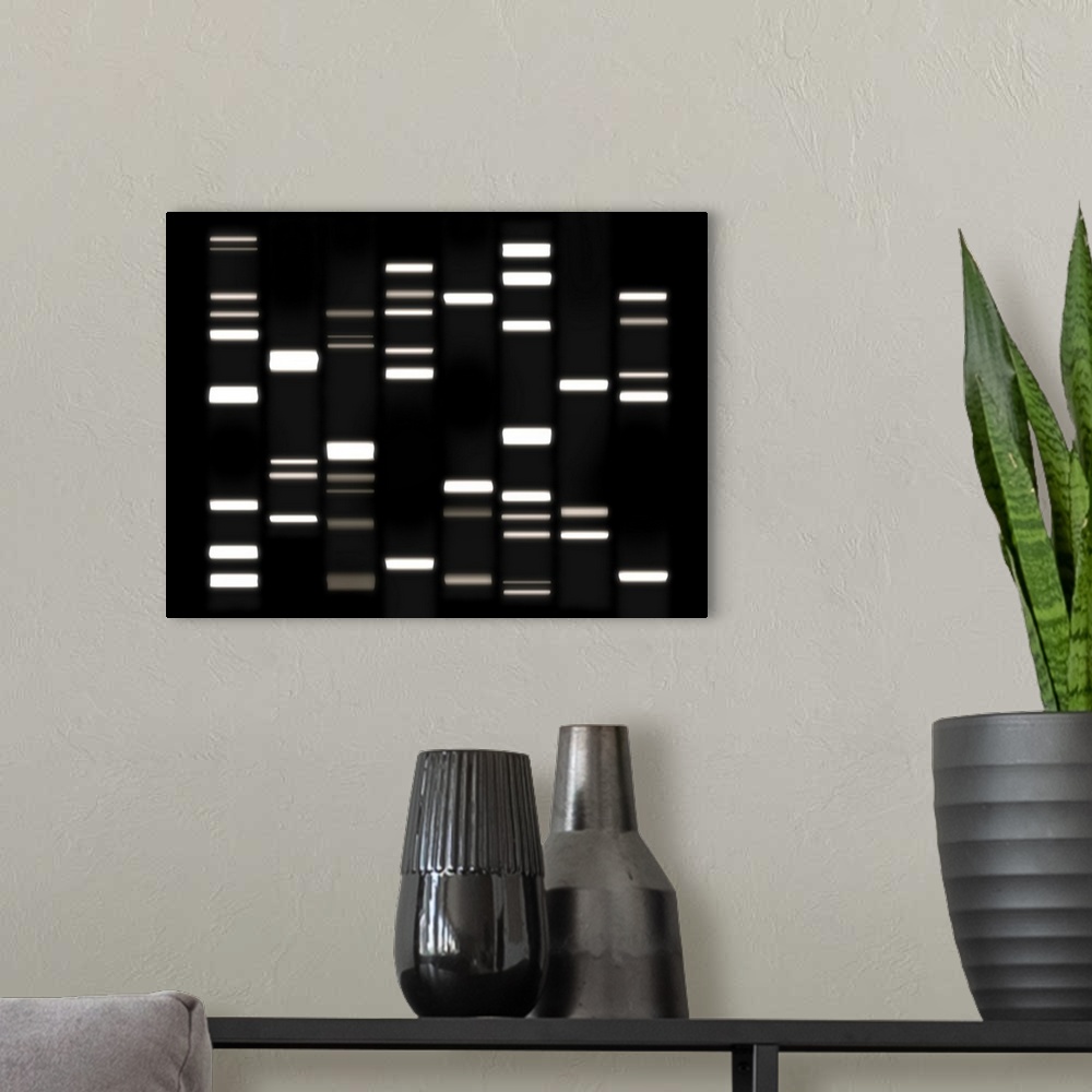 A modern room featuring Digital rendering of DNA on a dark background.