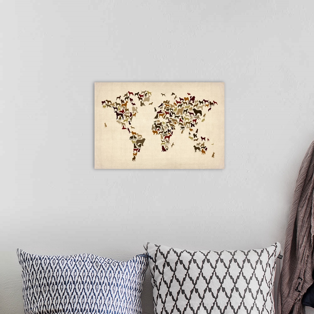 A bohemian room featuring Contemporary artwork of a world map made of dogs.