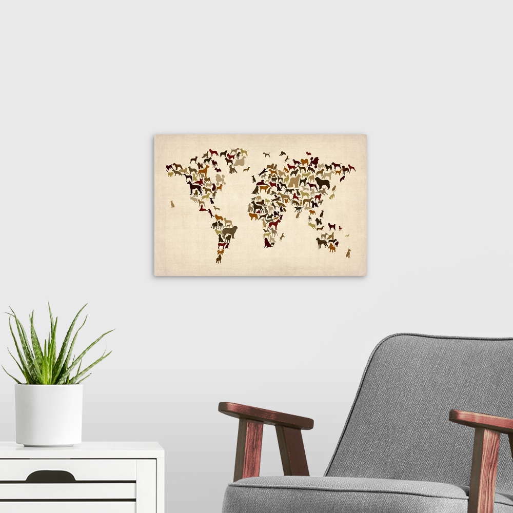 A modern room featuring Contemporary artwork of a world map made of dogs.