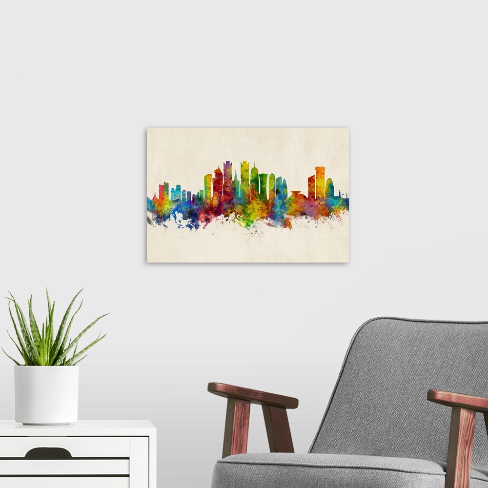 A modern room featuring Watercolor art print of the skyline of Doha, Qatar