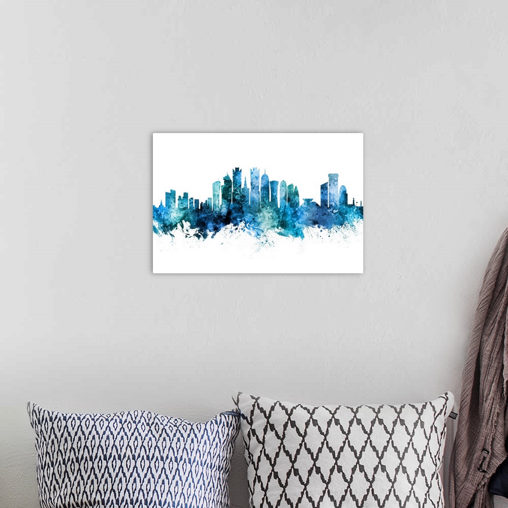 A bohemian room featuring Watercolor art print of the skyline of Doha, Qatar