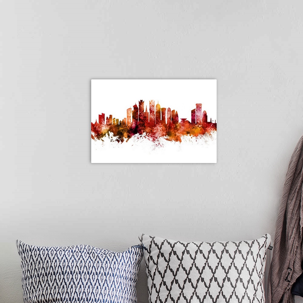 A bohemian room featuring Watercolor art print of the skyline of Doha, Qatar