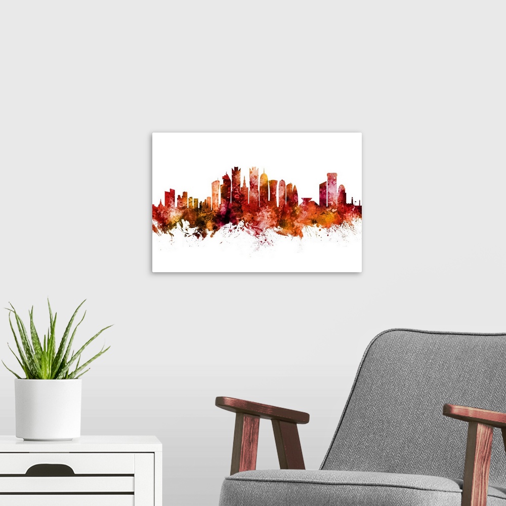 A modern room featuring Watercolor art print of the skyline of Doha, Qatar