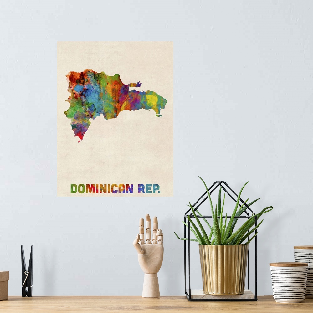 A bohemian room featuring Colorful watercolor art map of Dominican Republic against a distressed background.