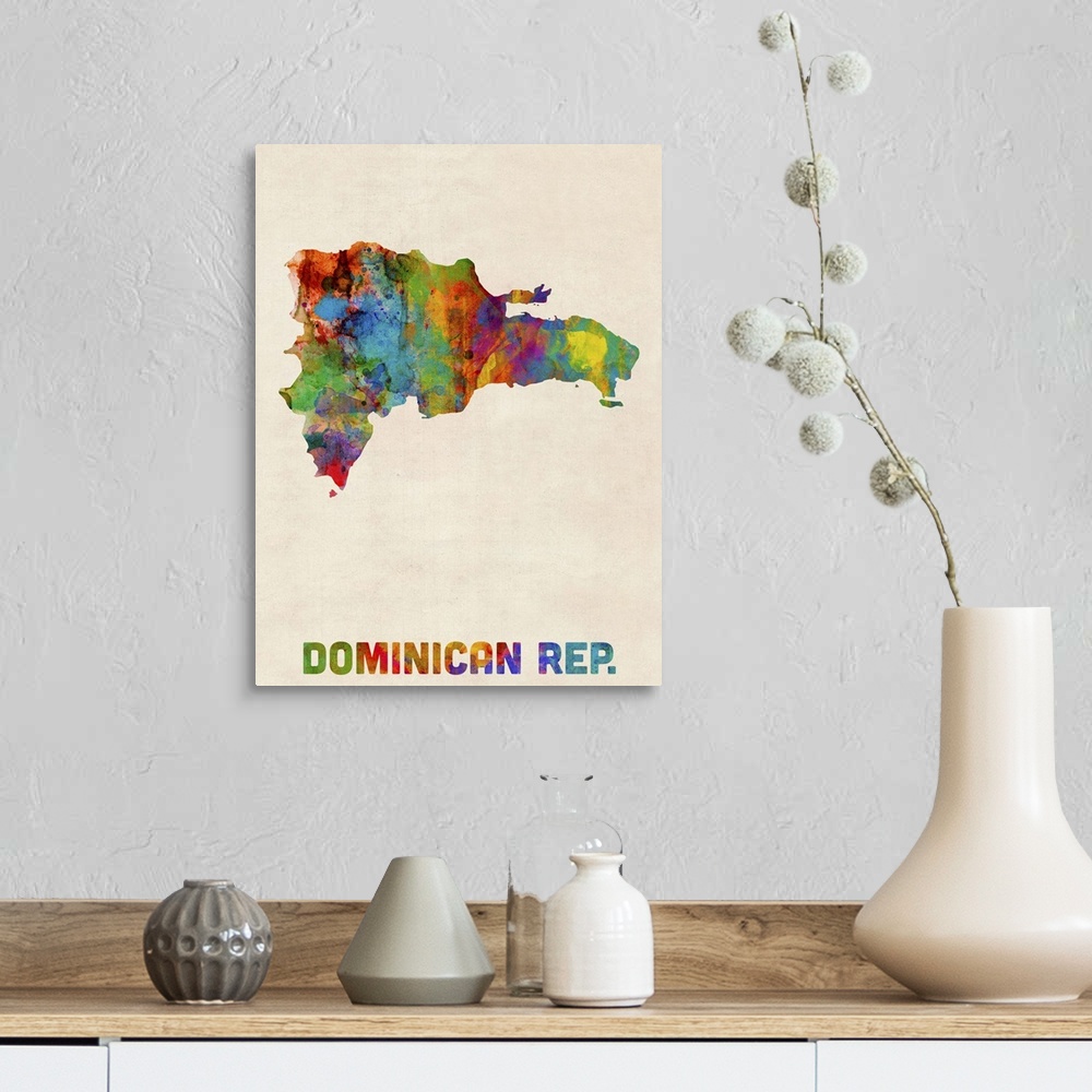 A farmhouse room featuring Colorful watercolor art map of Dominican Republic against a distressed background.