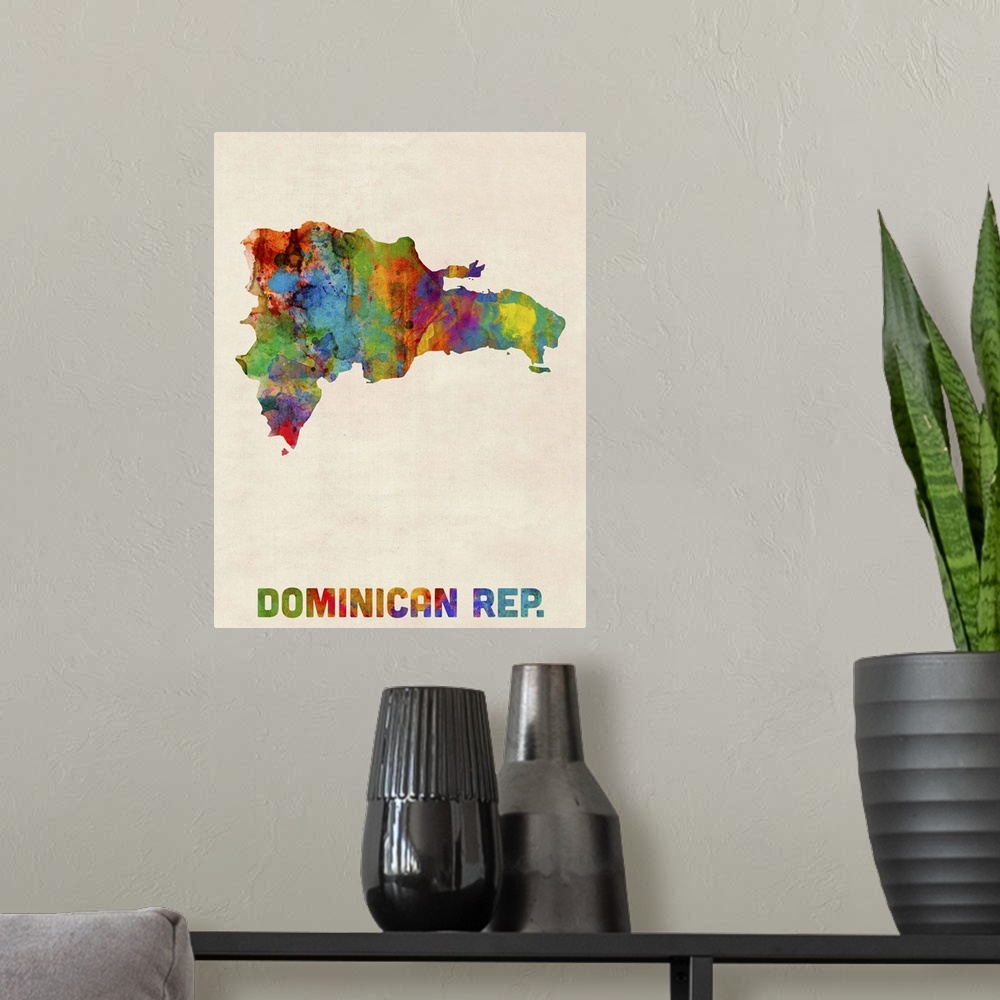 A modern room featuring Colorful watercolor art map of Dominican Republic against a distressed background.