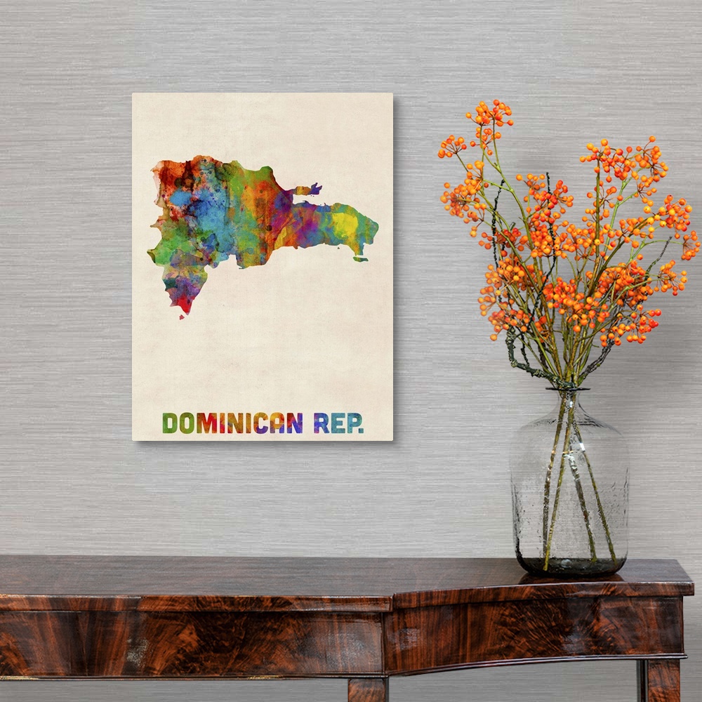 A traditional room featuring Colorful watercolor art map of Dominican Republic against a distressed background.