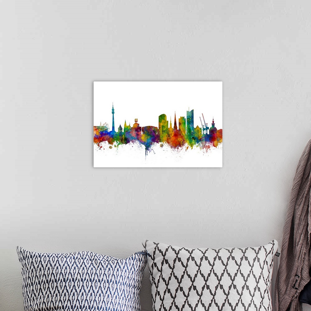 A bohemian room featuring Watercolor art print of the skyline of Dortmund, Germany