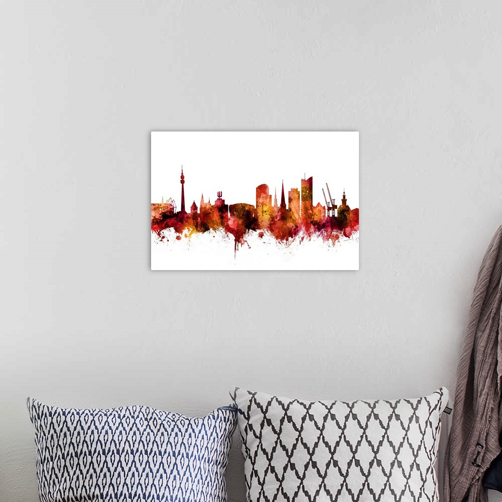 A bohemian room featuring Watercolor art print of the skyline of Dortmund, Germany.