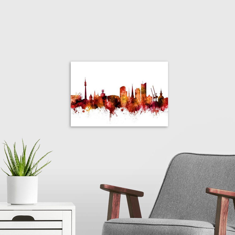 A modern room featuring Watercolor art print of the skyline of Dortmund, Germany.