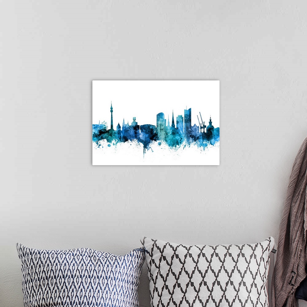 A bohemian room featuring Watercolor art print of the skyline of Dortmund, Germany.