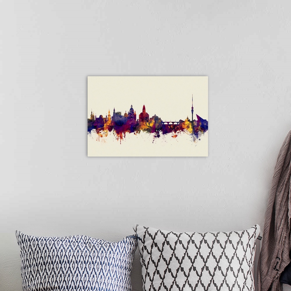 A bohemian room featuring Watercolor art print of the skyline of Dresden, Germany