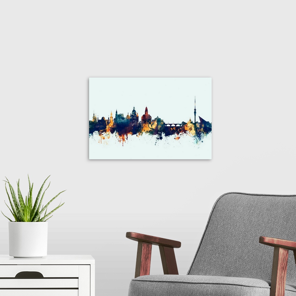 A modern room featuring Watercolor art print of the skyline of Dresden, Germany