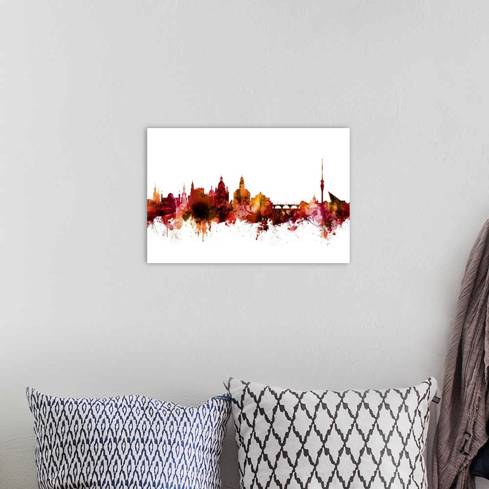 A bohemian room featuring Watercolor art print of the skyline of Dresden, Germany.