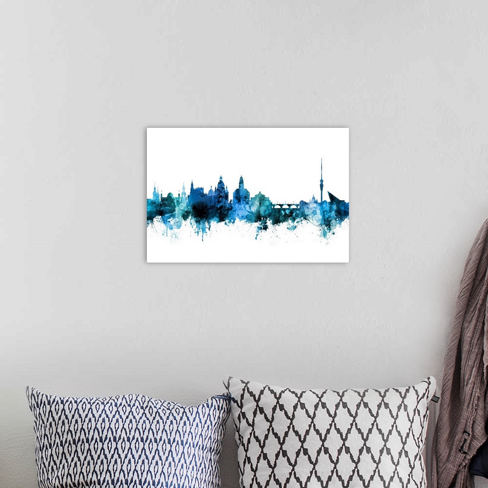 A bohemian room featuring Watercolor art print of the skyline of Dresden, Germany.