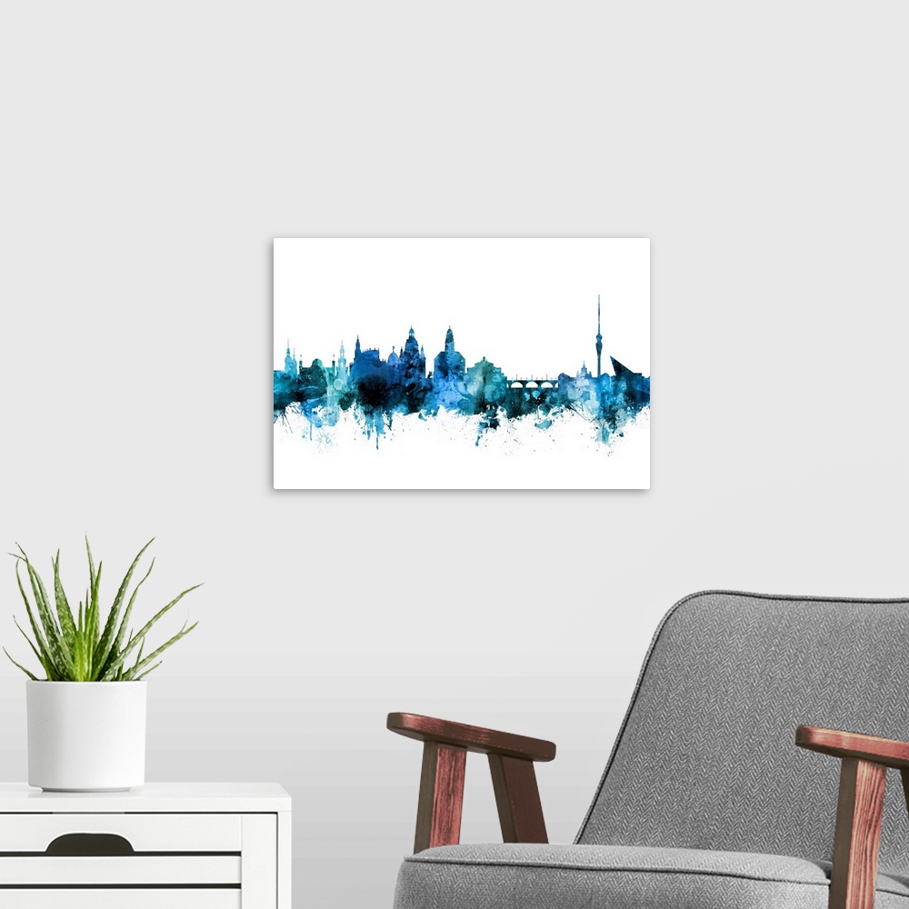 A modern room featuring Watercolor art print of the skyline of Dresden, Germany.