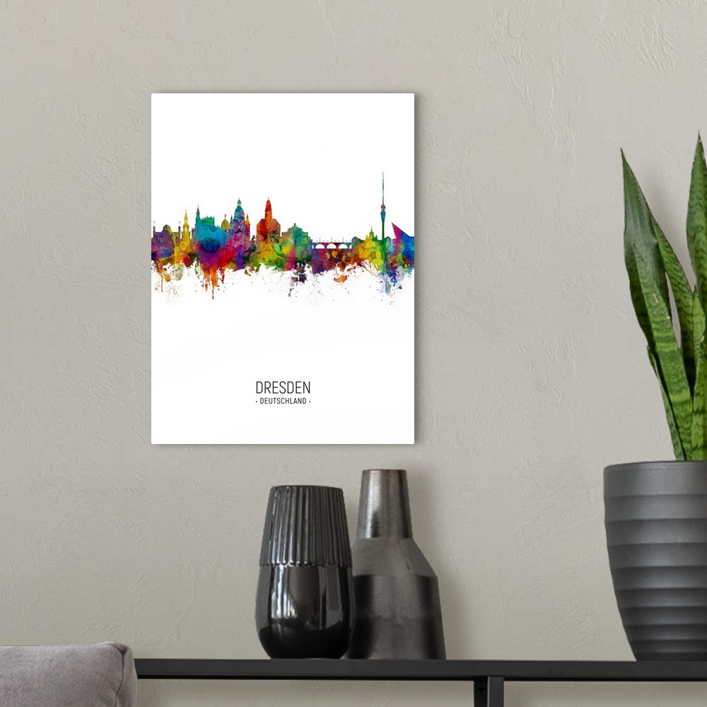 A modern room featuring Watercolor art print of the skyline of Dresden, Germany