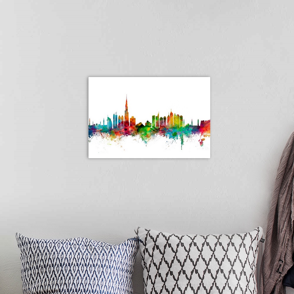 A bohemian room featuring Watercolor artwork of the Dubai skyline against a white background.