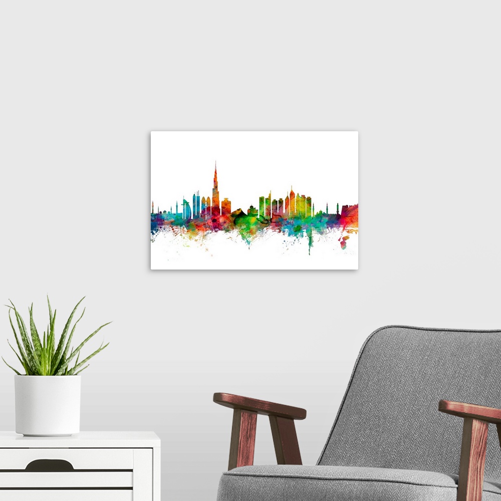 A modern room featuring Watercolor artwork of the Dubai skyline against a white background.