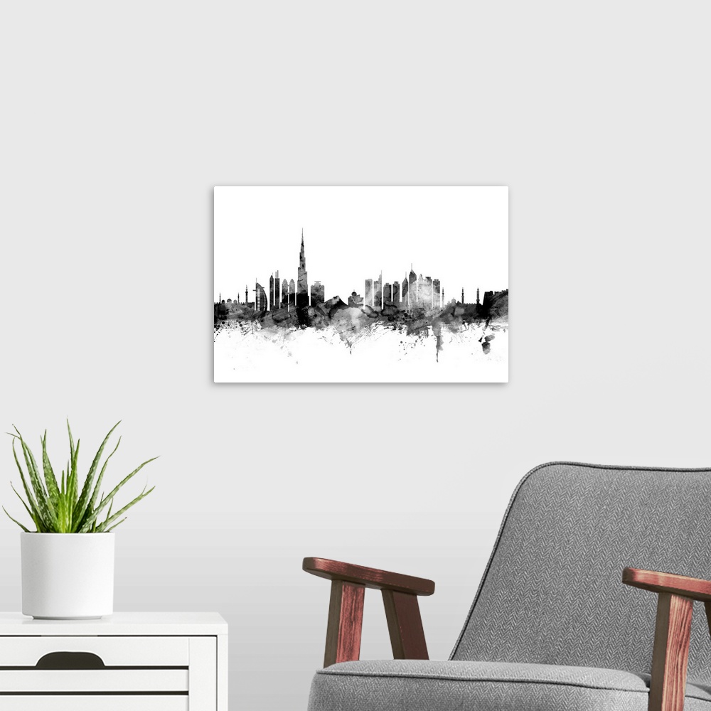 A modern room featuring Contemporary artwork of the Dubai city skyline in black watercolor paint splashes.