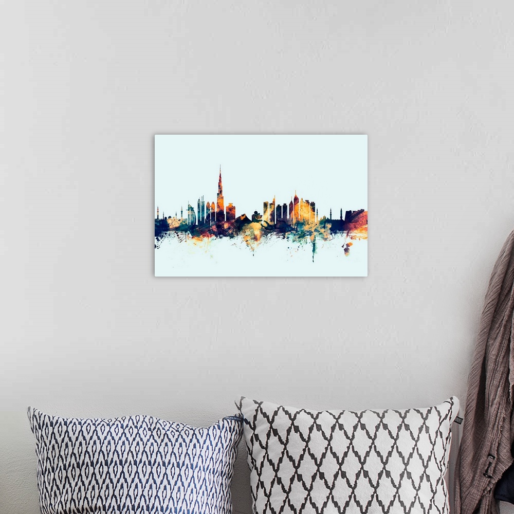A bohemian room featuring Dark watercolor silhouette of the Dubai city skyline against a light blue background.