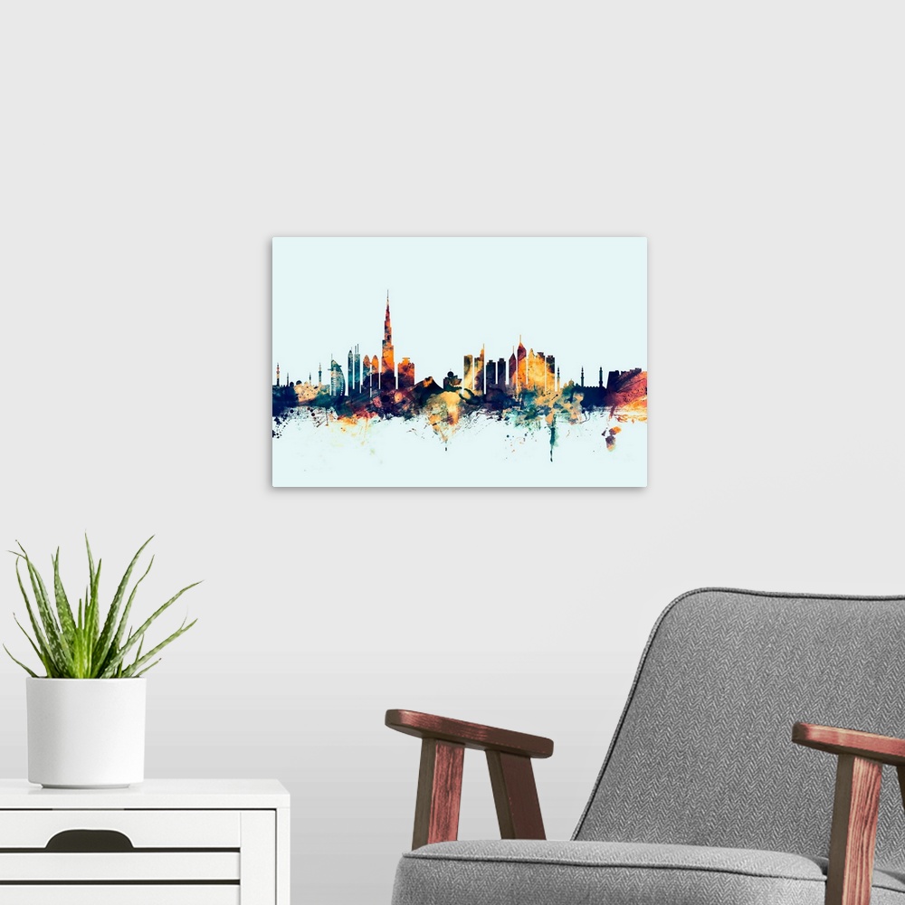 A modern room featuring Dark watercolor silhouette of the Dubai city skyline against a light blue background.
