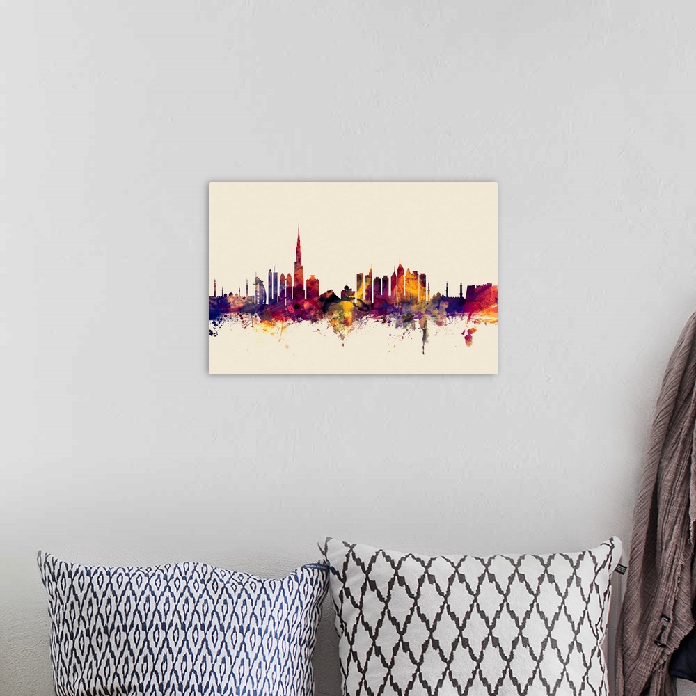 A bohemian room featuring Dark watercolor splattered silhouette of the Dubai city skyline.