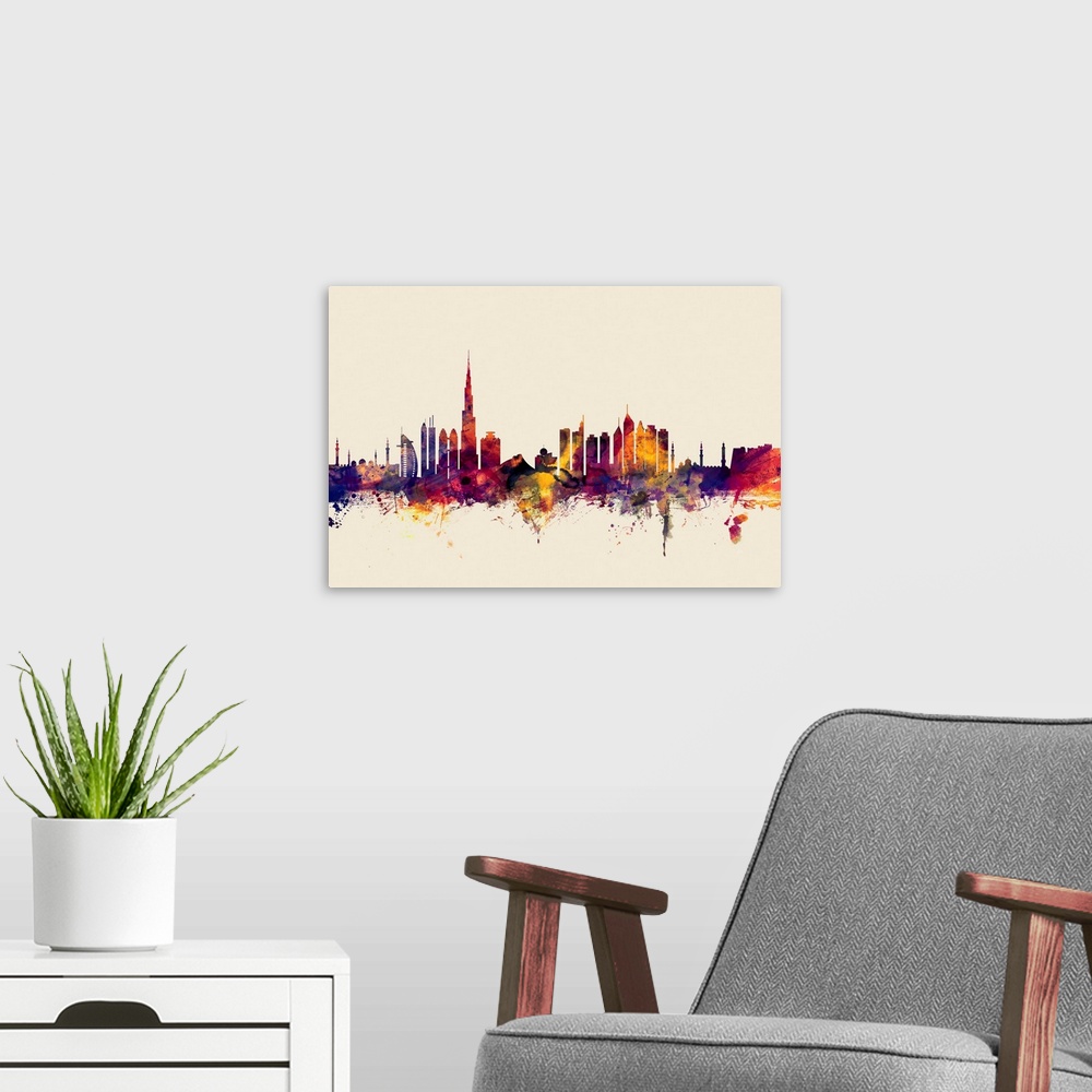 A modern room featuring Dark watercolor splattered silhouette of the Dubai city skyline.