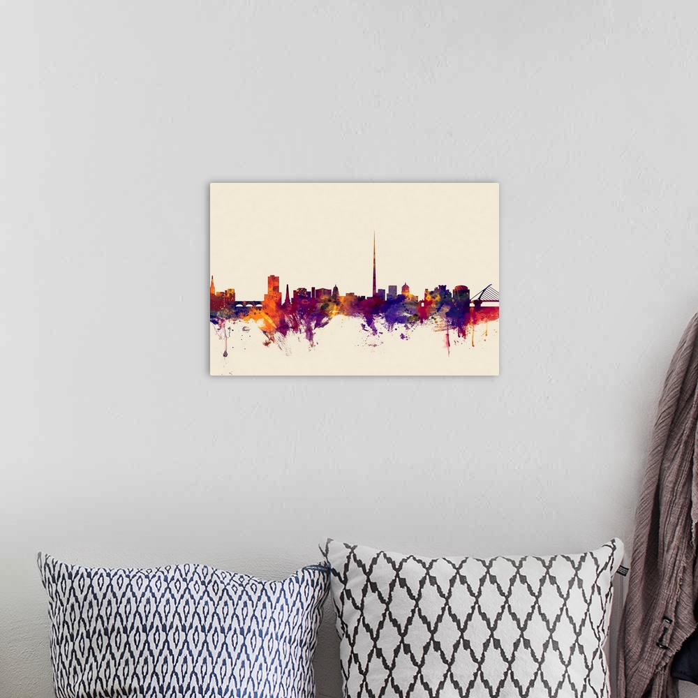 A bohemian room featuring Contemporary artwork of the Dublin city skyline in watercolor paint splashes.