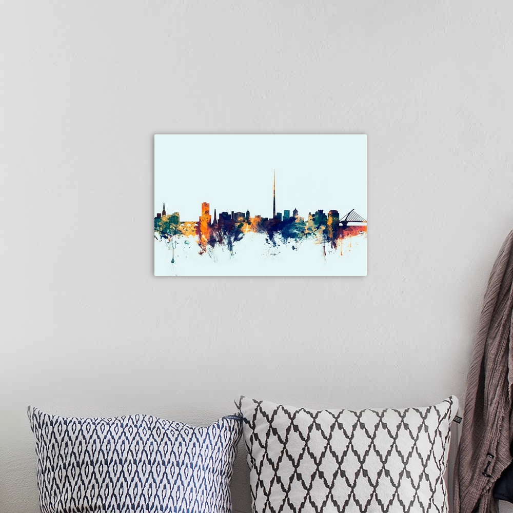 A bohemian room featuring Dark watercolor silhouette of the Dublin city skyline against a light blue background.